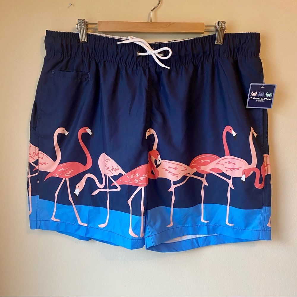 CHARLESTON THREADS Swim Trunks Flamingo Navy Blue Novelty NWT